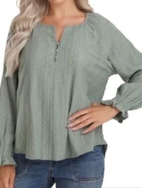 Frye Sage Green Textured Blousson Sleeve Boho Peasant Blouse